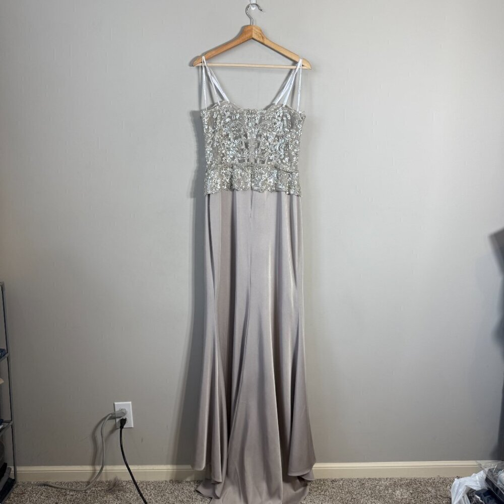 NWOT Montage by Mon Cheri Strapless Beaded Satin Gown Womens 12 Champage Sheer - Picture 3 of 15